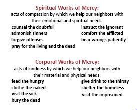 Spiritual and Corporal Works of Mercy Spiritual and Corporal Works of Mercy