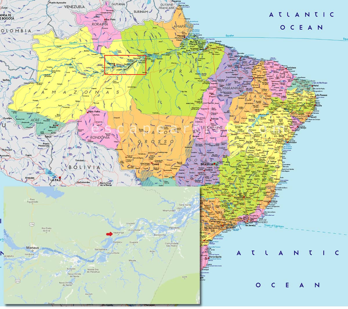 Map of Brasil showing location of Itapiranga Map of Brasil showing location of Itapiranga